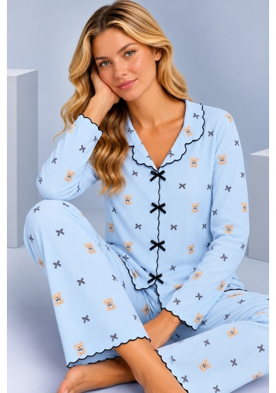 Pijamask Kadın Desenli Fiyonk Detaylı Düğmeli Uzun Kollu Müslin Pijama Takımı Mavi-21
