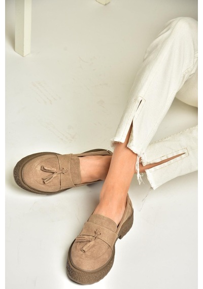 Fox Shoes T996193002 Vizon Süet Kalın Tabanlı Makosen Ayakkabı Vizon