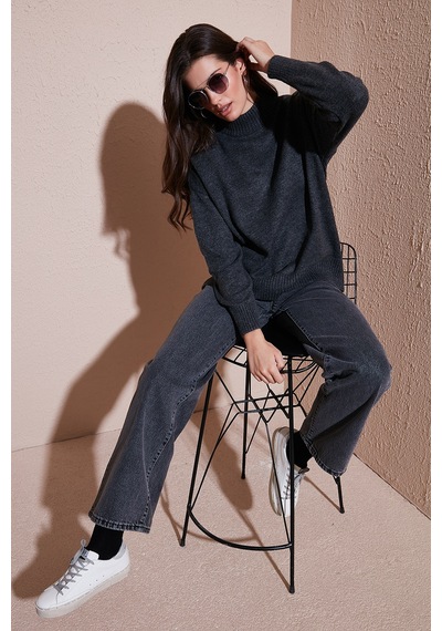 Lela Premium Oversize Fit Balıkçı Yaka Yumuşak Dokulu Triko Bayan Kazak 680Kz00469 Antrasit