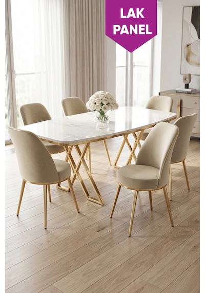 Peras Serisi 90x160 Lak Panel Beyaz Mermer Desen Gold Ayaklı Masa Takımı 6 Sandalye Beyaz Mermer Masa Krem Sandalye Peras Serisi 90x160 Lak Panel Beyaz Mermer Desen Gold Ayaklı Masa Takımı 6 Sandalye Beyaz Mermer Masa Krem Sandalye