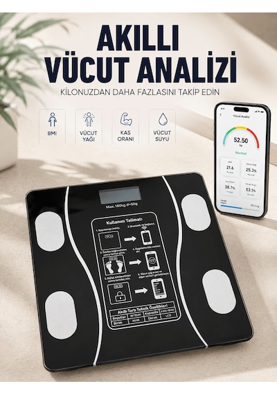 Akıllı Vücut Analiz Baskülü Bluetooth Bağlantılı 4 Sensörlü Lcd Ekranlı Dijital Tartı Diğer