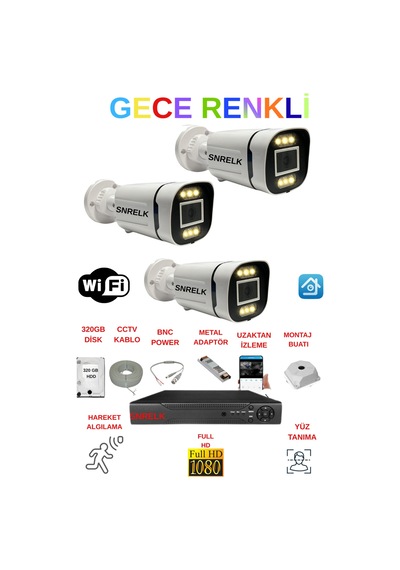 Snrelk Full Hd Dış Mekan Gece Renkli 3'lü 320 Gb Hdd Güvenlik Kamera Seti