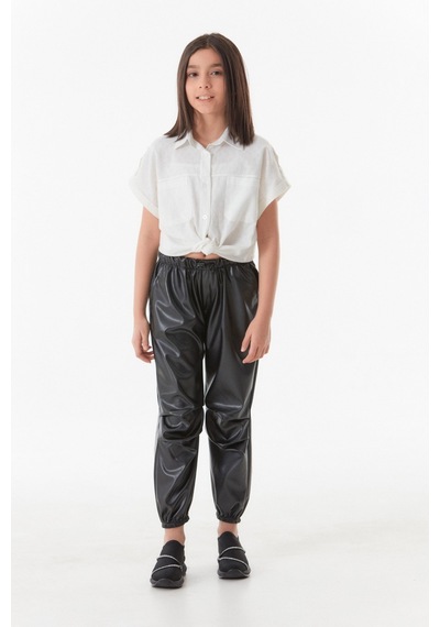 Fullamoda Suni Deri Beli Lastikli Jogger Kız Çocuk Pantolon- Siyah 24MCCK7336204244-Siyah