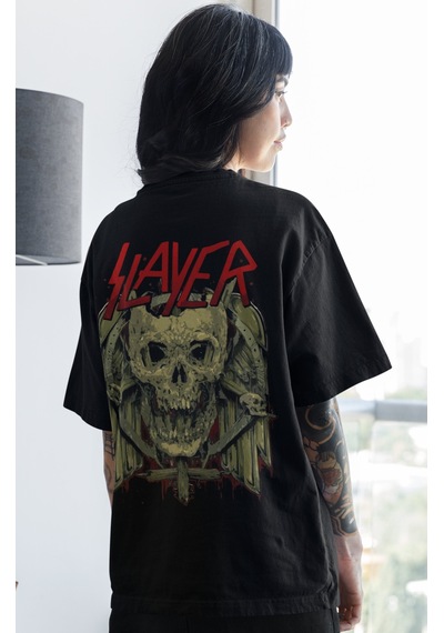 Slayer Rock Metal Müzik Grubu Sırt Baskılı Unisex Oversize Tişört Siyah