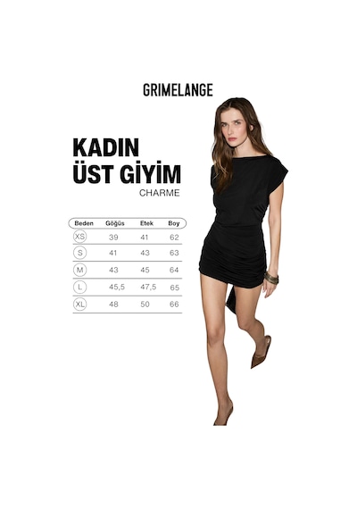 Grimelange Charme Kadın Yumuşak Ve Esnek Kumaşlı Kayık Yakalı Büzgü Detaylı Mini Siyah Elbise