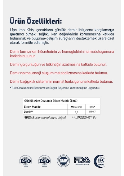 Sıdrex Lıpo Iron Kıds 30 Ml Demir, B1, B12 Ve Foik Asit İçeren Takviye Edici Gıda
