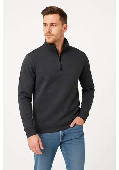 Cvs Giyim Erkek Dik Yaka Sweatshirt Dik Yaka Yarım Fermuarlı 3 İplik Şardonlu Pamuk Kumaş - Antrasit Antrasit