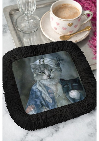 Asil Vintage Kedi Portreli Saçaklı Sunum Peçetesi - Zarif Maskeli Bohem Siyah Bardak Altlığı Mendil Çok Renkli