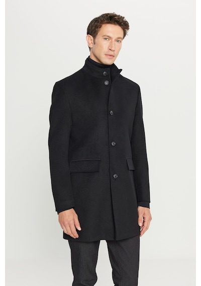AC&Co / Altınyıldız Classics  Erkek Sıyah Yünlü Slim Fit Dar Kesim Dik Yaka Kapak Cepli Palto Siyah