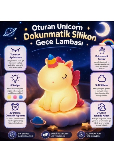 Rose Teknoloji Oturan Unicorn Dokunmatik Gece Lambası 3 Kademeli Otomatik Kapanma Özellikli Yumuşak Işık Beyaz