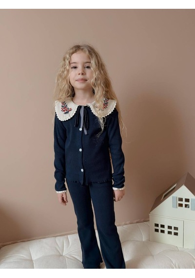 Miniko Kids Kız Çocuk Yaka Dantelli Fitilli Kaşkorse Bayramlık Taytlı Takım Lacivert