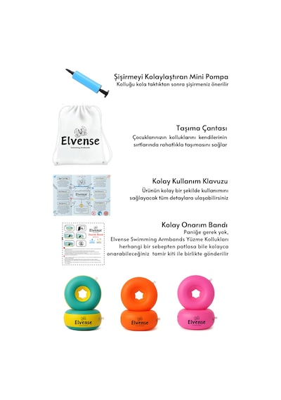 Elvense Çocuk Yüzme Kolluğu Seti 10-30 Kg Pompalı + Taşıma Çantalı Pembe
