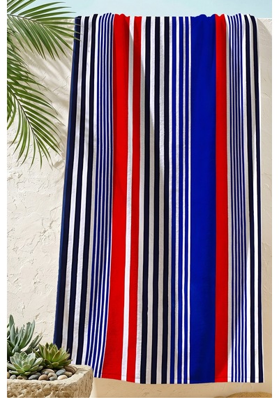 Çizgili Marine Çift Taraflı Plaj Havlusu - Modern Lacivert Kırmızı Hızlı Kuruyan Mikrofiber Havlu Çok Renkli