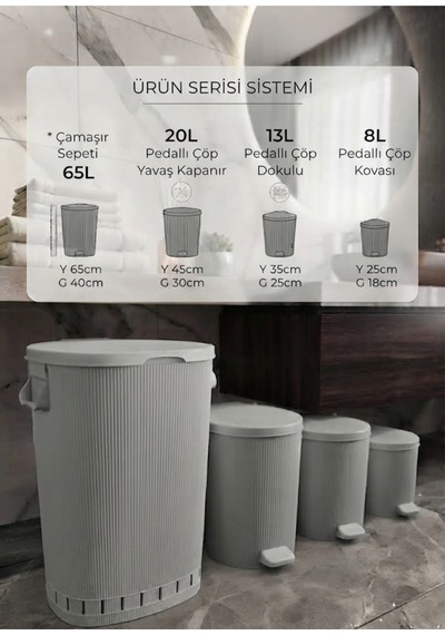 Premıum Kanal Tasarım Çamaşır Sepeti Ve Pedallı Çöp Kovası Seti 65l, 20l, 13l, 8l - Hava Akışlı Tasarım, Soft-close Kapak Gri - 909315802 Gri Premıum Kanal Tasarım Çamaşır Sepeti Ve Pedallı Çöp Kovası Seti 65l, 20l, 13l, 8l - Hava Akışlı Tasarım, Soft-close Kapak Gri - 909315802 Gri