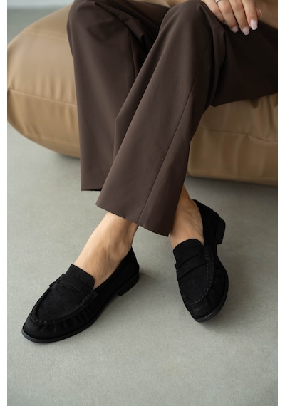 Selin Shoes Lurein Büzgülü Hafif Kalın Topuk Kadın Loafer- Siyah Süet