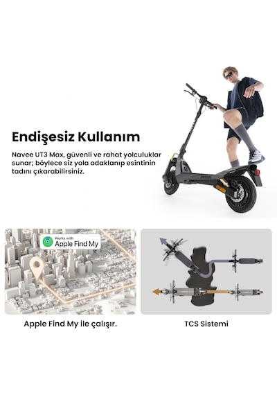 Navee Ut3 Max Elektrikli Scooter - 1638w Güç, 28 Eğim, 130 Kg Taşıma Kapasitesi, Tcs, Find My Siyah