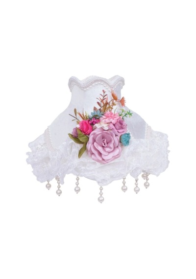 Renkli Çiçek Dekorlu Beyaz Kadife Başlık Beyaz İnci Ayaklı Klasik Model Şık Abajur 50x30cm