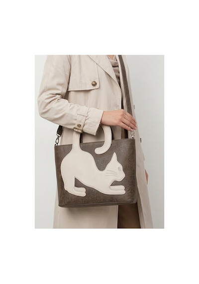 Levano Leather Hakiki Dana Derisi Premium Kedi Figürlü Kadın El Ve Omuz Çantası Kahverengi