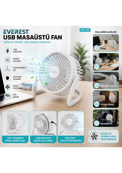 Usb Şarjlı - Pvc Gövde 14.5x14.1cm Masa Üstü Fan - Vantilatör Efn-505 5705
