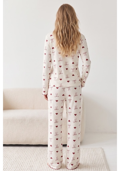Siyah İnci Yumuşak Tuşe Kışlık Fitilli Pamuklu Örme Düğmeli Hırka Pijama Takım 8073 Bordo Kalp Fiyonk