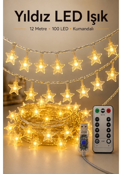 12 Metre 100 Led Yıldız Işık Sarı Renk Usb Kumandalı 8 Modlu Dekoratif Led Aydınlatma Sarı Işık