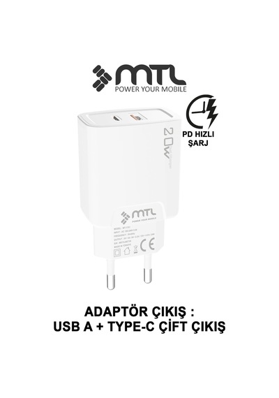 20w Ultra Hızlı Çift Çıkış Type-c + Usb Adaptör + Type-c To Apple Uyumlu iPhone Lightning Kablo Şarj Seti Mt1750