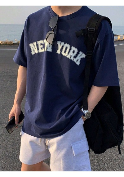Flood Of Style Erkek Lacivert Düz New York Baskılı Oversize
