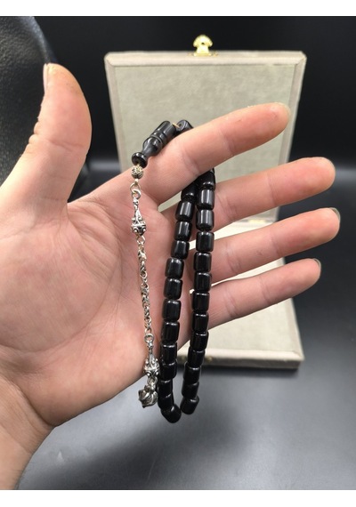 Osmanlı Benzetme Çubuk Sıkma Tesbih Oltu Renginde, 9x10 Mm Gümüş