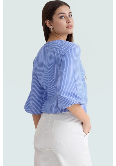 Ersefa Yazlık Kısa Kol Çizgili Terrycotton Bluz V Yaka Casual Modern Sti Mavi