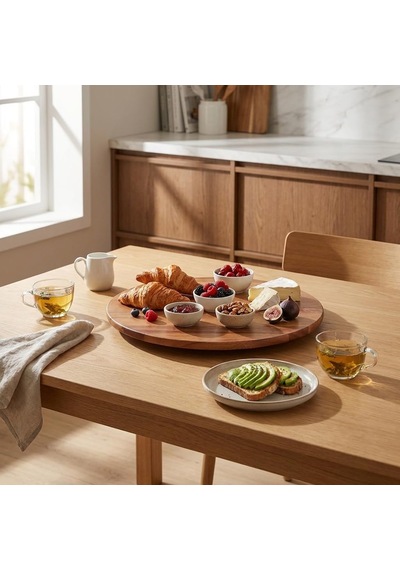34 Cm Dönerli Akasya Sunum Tepsisi, 360 Derece Dönen Yuvarlak Ahşap Servis Tabağı, Kahvaltı, Peynir, Meyve, Pasta Ve İkram Sunumu İçin Doğal Görünümlü Tepsi Çok Renkli