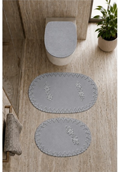 3lü Set Gri Fransız Dantelli Lüks Banyo Paspası Kaymaz Tabanlı Çeyizlik Hediyelik Banyo Paspas Seti