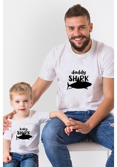 Daddy Shark Baby Shark Beyaz Baba Oğul Kız Tişört Zıbın Kombini