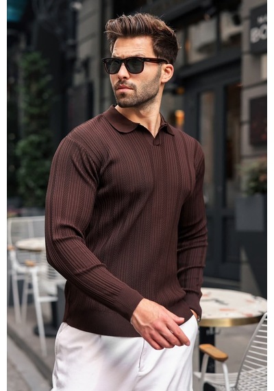 Madmext Kahverengi Polo Yaka Desenli Over Fit Erkek Triko Kazak E7517