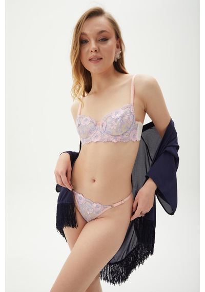 Arinda Romantic Zarif Çiçek Desenli İşlemeli Balenli Kapsız Bralette Sütyen Tanga Alt Üst İç Çamaşırı Takımı 2 Parça Somon