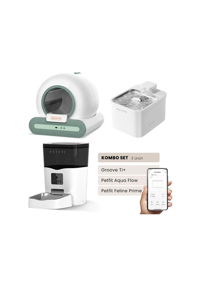 Groove Ti+ Akıllı Otomatik Kedi Tuvaleti Yeşil - Petfit Aqua Flow Akıllı Bataryalı Su Pınarı Çeşmesi + Petfit Feline Prime Akıllı Otomatik Mama Kabı Bundle
