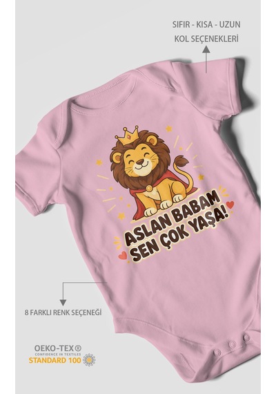 Morivokids Aslan Babam Sen Çok Yaşa Kısa Kollu Bebek Body %100 Pamuk Koyu Pembe