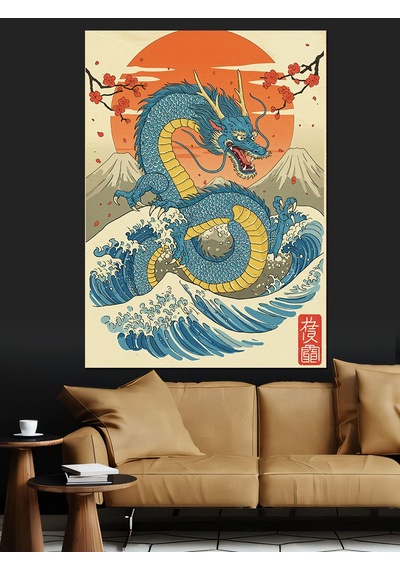 Japon Ejderhası Geleneksel Sanat Dekoratif Kanvas - Mdf Ahşap Tablo