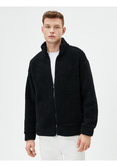 Koton Peluş Sweatshirt Fermuarlı Dik Yaka Yumuşak Dokulu Siyah 4wam70437mk Siyah