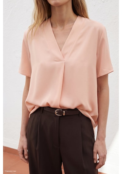 Sateen Geniş Kısa Kollu Bluz - Pudra-137801