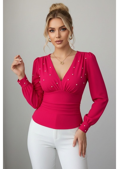 Zedefx Kadın V Yaka İnci Süslemeli Bluz Pembe