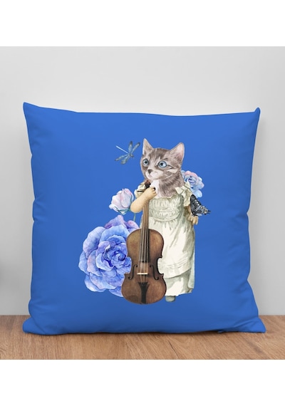 Bk Gift Kedi Tasarımlı Mavi Kırlent Yastık, Arkadaşa Hediye, Ev Dekorasyonu, Ev Hediyesi-3