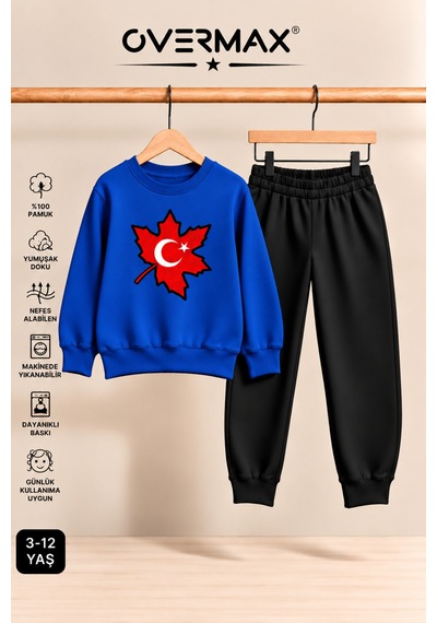 Overmax Türk Bayrağı Baskılı Çocuk Bisiklet Yaka Sweatshirt Eşofman Takımı- 3-12 Yaş Saks Mavi Üst-siyah Alt - 928962138 Saks Mavi Üst-siyah Alt