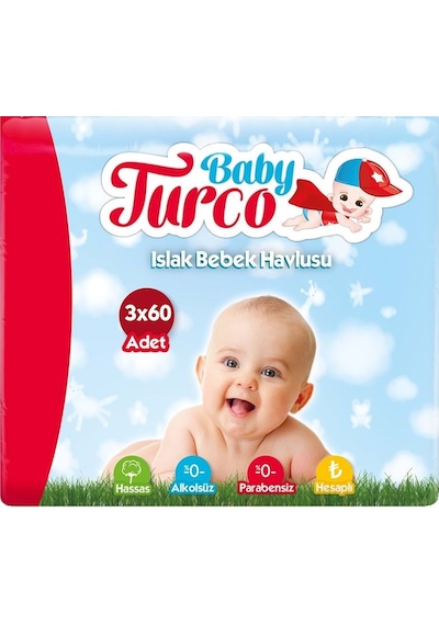 Baby Turco Islak Bebek Havlusu 3'Lü Paket 180'Li Baby Turco Islak Bebek Havlusu 3'Lü Paket 180'Li