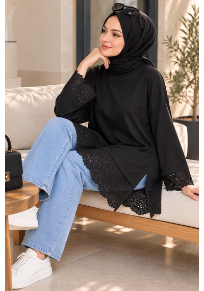 Aymiraa Kadın Dantel Detaylı Uzun Tunik Tesettür Sweatshirt Bisiklet Yaka Rahat Kesim SiYAH