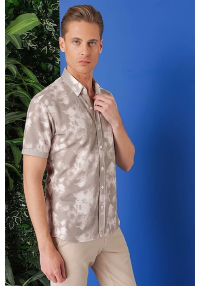 Efor Slim Fit Düğmeli Yaka Batik Desenli Kısa Kol Pamuk Bej Gömlek G 1502 Bej