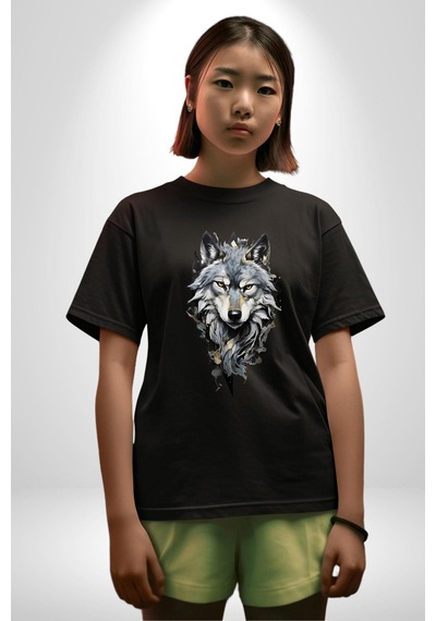 Beyaz Kurt Pamuklu Bisiklet Yaka Unisex Oversize Boyfriend Dijital Baskılı Siyah T-shirt Siyah