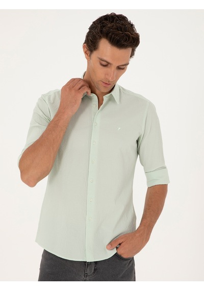 Cacharel Mint Slim Fit Pamuk Karışımlı Gofreli Gömlek Yeşil