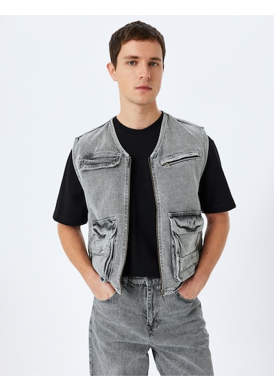 Koton Kapaklı Cep Detaylı Pamuklu V Yaka Kolsuz Oversize Denim Yelek Gri 5sam50006nd Gri