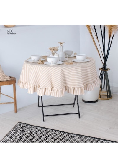 Dnc Home Tekstil  Sütlü Kahve Çizgili Keten Yuvarlak Fırfırlı Masa Örtüsü Sütlükahve