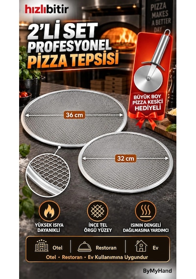 Bymyhand Metal Sanayi Tipi Profesyonel Pizza Tepsisi 2'li Set 32 36 Cm Pizza Kesici Hediyeli Büyük B Çok Renkli